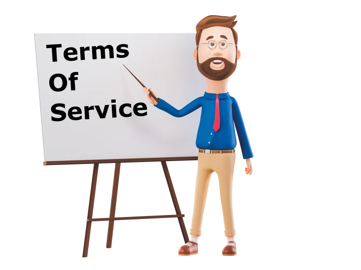 3d character pointing to a whiteboard that states terms of service.