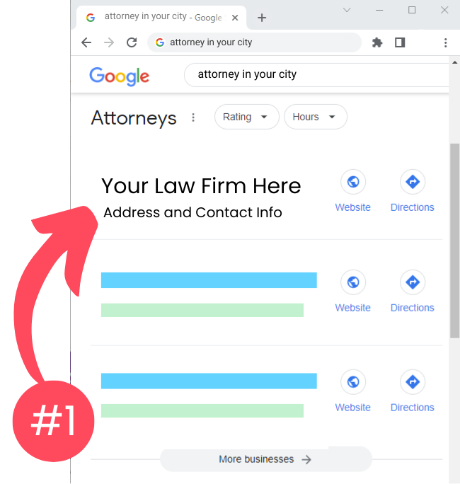 Illustration of Google's local map pack with a red arrow pointing to the #1 spot in the local pack that states "Your Law Firm Here".
