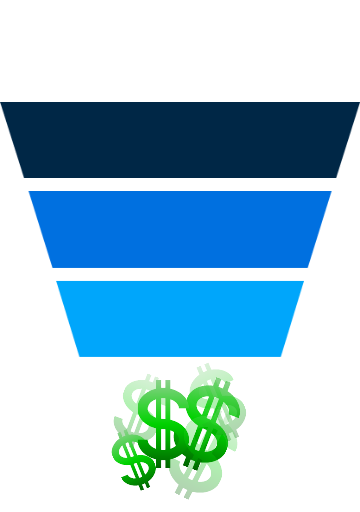 Blue law firm marketing funnel illustration with white user images and green dollar signs.